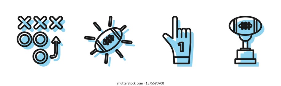 Set line Number 1 one fan hand glove with finger raised, Planning strategy concept, American Football ball and Award cup and American football ball icon. Vector