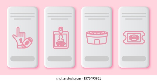 Set line Number 1 one fan hand glove with finger raised and american football ball, VIP badge, Football stadium and American Football ticket. White rectangle button. Vector