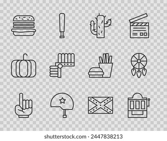 Set line Number 1 one fan hand glove, Slot machine, Cactus, Military helmet, Burger, Indian headdress with feathers, Flag Confederate and Dream catcher icon. Vector svg