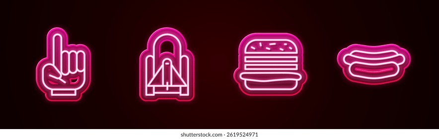 Set line Number 1 one fan hand glove, Rocket launch from the spaceport, Burger and Hotdog sandwich. Glowing neon icon. Vector