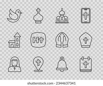 Set line Nun, Calendar with Easter, Church building, Location church, Dove, Christian cross, bell and Pope hat icon. Vector