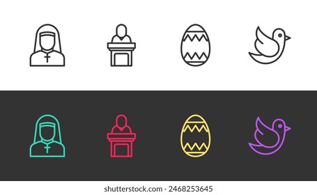 Set line Nun, Church pastor preaching, Easter egg and Dove on black and white. Vector