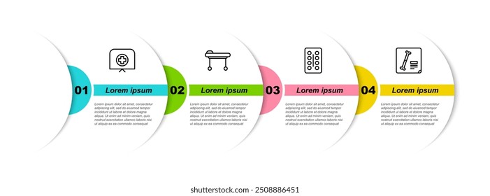 Set line Nurse hat with cross, Stretcher, Pills in blister pack and X-ray shots. Business infographic template. Vector