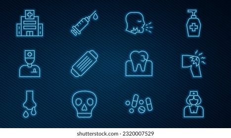 Set line Nurse, Joint pain, knee pain, Man coughing, Medical protective mask, Male doctor, hospital building, Tooth with caries and Syringe icon. Vector