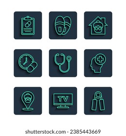 Set line Nursing home, Smart Tv, Sport expander, Stethoscope, Medicine pill tablet, Medical prescription and Male head with hospital icon. Vector