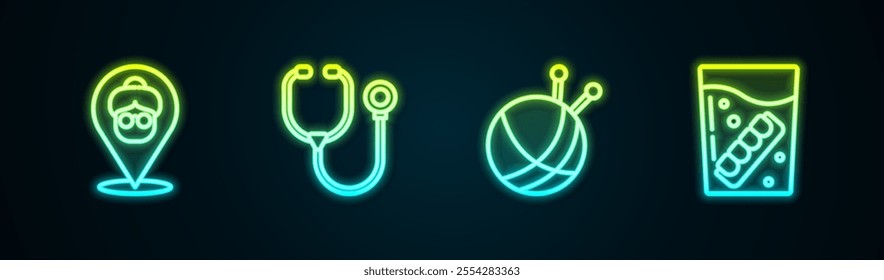 Set line Nursing home, Stethoscope, Yarn ball with knitting needles and False jaw glass. Glowing neon icon. Vector