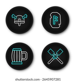 Set line Oars or paddles boat, Wooden beer mug, Magic rune and Viking in horned helmet icon. Vector