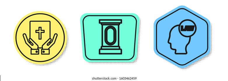 Set line Oath on the Holy Bible, Stage stand or debate podium rostrum and Head with law. Colored shapes. Vector