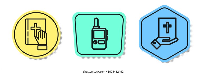 Set line Oath on the Holy Bible, Walkie talkie and Oath on the Holy Bible. Colored shapes. Vector