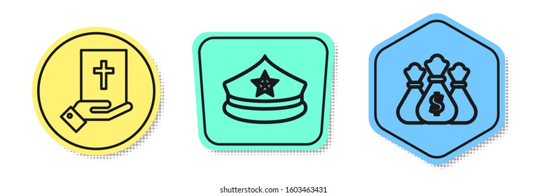 Set line Oath on the Holy Bible, Police cap with cockade and Money bag. Colored shapes. Vector