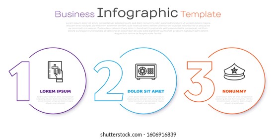 Set line Oath on the Holy Bible, Safe and Police cap with cockade. Business infographic template. Vector