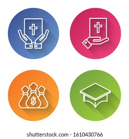 Set line Oath on the Holy Bible, Oath on the Holy Bible, Money bag and Graduation cap. Color circle button. Vector