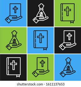 Set line Oath on the Holy Bible, Holy bible book and Hand holding money bag icon. Vector