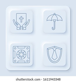 Set line Oath on the Holy Bible, Umbrella, Safe and Tie. White square button. Vector