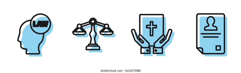 Set line Oath on the Holy Bible, Head with law, Scales of justice and Identification badge icon. Vector