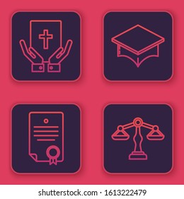 Set line Oath on the Holy Bible, Certificate template, Graduation cap and Scales of justice. Blue square button. Vector