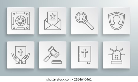 Set line Oath on the Holy Bible, The arrest warrant, Judge gavel, bible book, Flasher siren, Magnifying glass for search, User protection and Safe icon. Vector