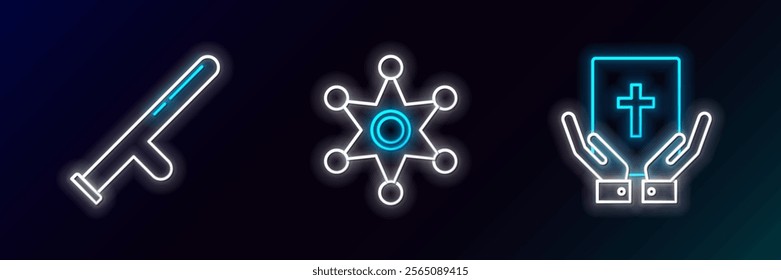 Set line Oath on the Holy Bible, Police rubber baton and Hexagram sheriff icon. Glowing neon. Vector
