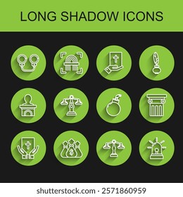 Set line Oath on the Holy Bible, Money bag, Handcuffs, Scales of justice, Flasher siren, Law pillar and Bomb ready to explode icon. Vector