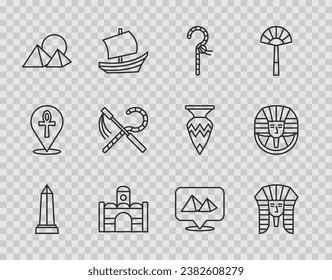 Set line Obelisk of Alexandria, Egyptian pharaoh, Crook, house, pyramids, flail,  and  icon. Vector