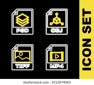 Set line OBJ file document, MP4, TIFF and PSD icon. Vector