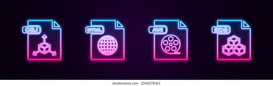 Set line OBJ file document, HTML, AVI and 3DS. Glowing neon icon. Vector