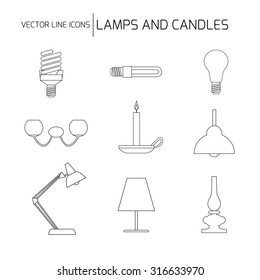 Set of line objects. Different lamps including sconce, kerosene lamp and candle. 