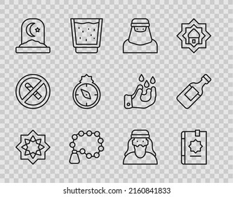 Set line Octagonal star, Holy book of Koran, Muslim woman in niqab, Rosary beads religion, cemetery, Qibla,  and Bottle water icon. Vector