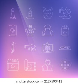 Set line Octagonal star, Muslim man prays, Donate or pay your zakat, Pig, Islamic teapot, Star and crescent, Mosque tower minaret and woman niqab icon. Vector