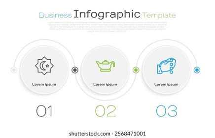 Set line Octagonal star, Oil lamp and Hands in praying position. Business infographic template. Vector