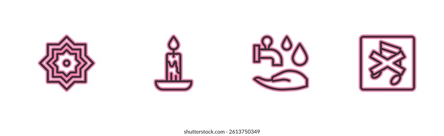 Set line Octagonal star, Wudhu, Burning candle and Speaker mute icon. Vector