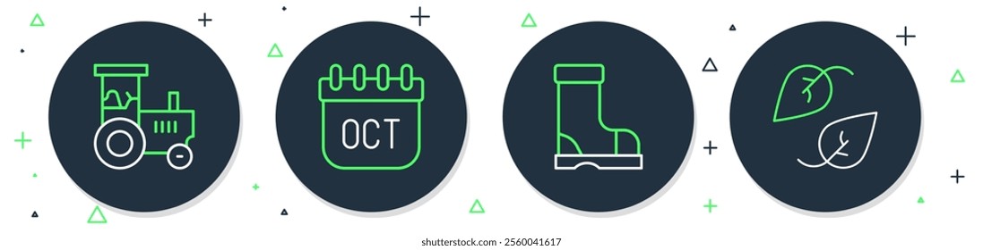 Set line October calendar autumn, Waterproof rubber boot, Tractor and Leaf icon. Vector