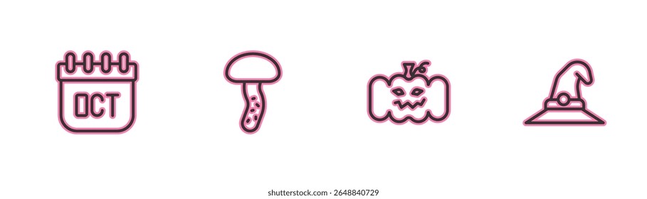 Set line October calendar autumn, Pumpkin, Mushroom and Witch hat icon. Vector