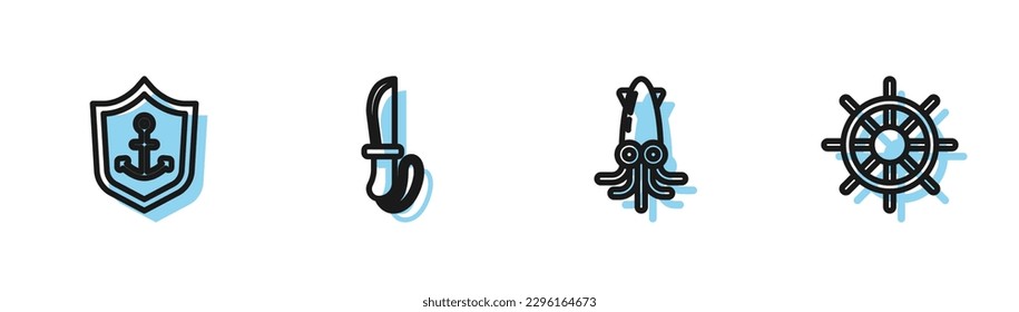 Set line Octopus, Anchor inside shield, Knife and Ship steering wheel icon. Vector