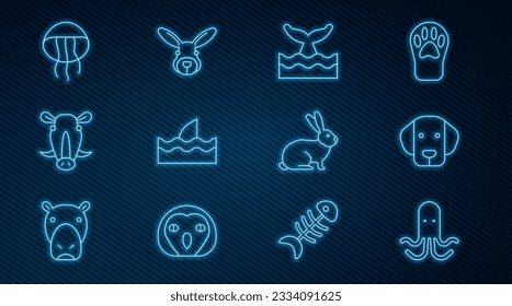 Set line Octopus, Dog, Whale tail in ocean wave, Shark fin, Wild boar head, Jellyfish, Rabbit and  icon. Vector