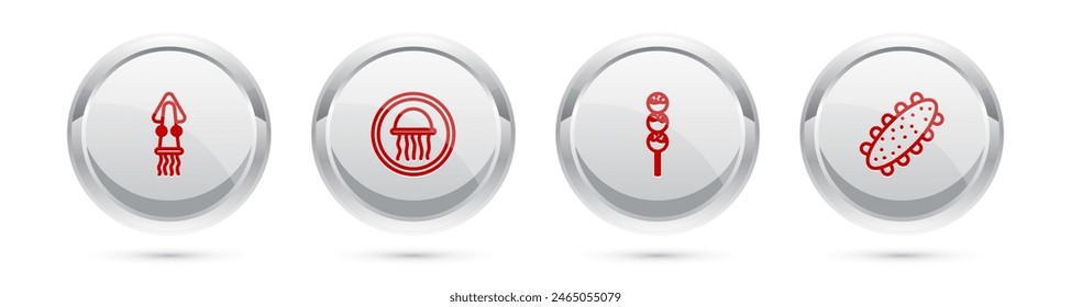 Set line Octopus, Jellyfish on a plate, Takoyaki stick and Sea cucumber. Silver circle button. Vector