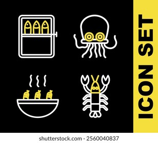 Set line Octopus, Lobster, Soup with shrimps and Canned fish icon. Vector