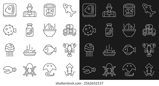 Set line Octopus, Lobster, Sushi on cutting board, Canned fish, Sea cucumber jar, Fish hedgehog, head and Shark fin soup icon. Vector