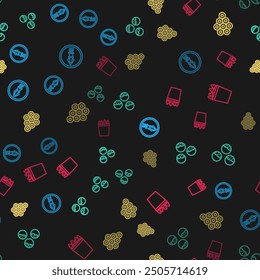 Fije la línea Pulpo en un plato, Takoyaki, Caviar y Cubo de pesca con peces en patrón transparente. Vector