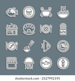 Fije la línea de pulpo en un plato, pez globo, conservas, cangrejo, concha con perla, tienda de mariscos e icono de pepino servido. Vector