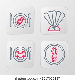 Set line Octopus on a plate, Served crab, Scallop sea shell and cucumber icon. Vector