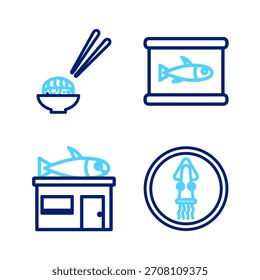 Fije el pulpo en un plato, la tienda de mariscos, el pescado enlatado y el icono del sushi. Vector