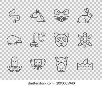 Set line Octopus, Shark fin in ocean wave, Rat head, Elephant, Snake, Collar with name tag, Hippo or Hippopotamus and Turtle icon. Vector