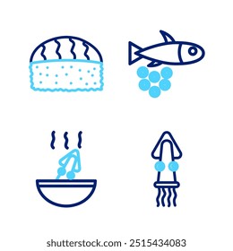 Set line Octopus, Soup with octopus, Fish caviar and Sushi icon. Vector