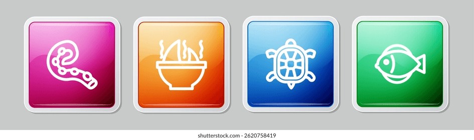 Set line Octopus of tentacle, Shark fin soup, Turtle and Fish. Colorful square button. Vector