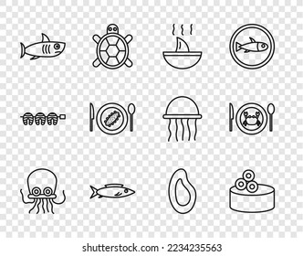 Set line Octopus, Tin can with caviar, Shark fin soup, Fish, Served cucumber on plate, Mussel and crab icon. Vector