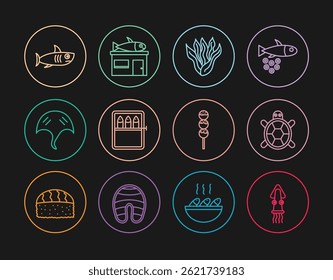 Set line Octopus, Turtle, Seaweed, Canned fish, Stingray, Shark, Takoyaki on stick and Seafood store icon. Vector
