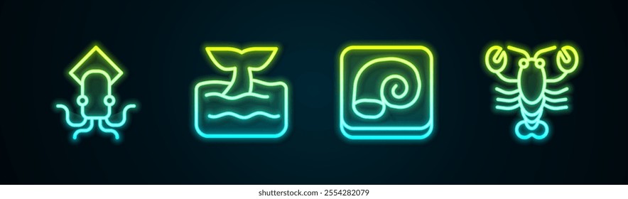 Set line Octopus, Whale tail in ocean wave, on plate and Lobster. Glowing neon icon. Vector