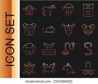 Set line Octopus, Worm, Rat head, Jellyfish, Cute panda face, Sheep and Rhinoceros icon. Vector