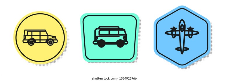 Set line Off road car, Retro minivan and Old retro vintage plane. Colored shapes. Vector